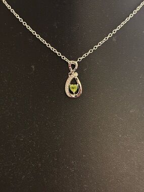 Silver Teardrop Necklace with Green Heart Gem Accent